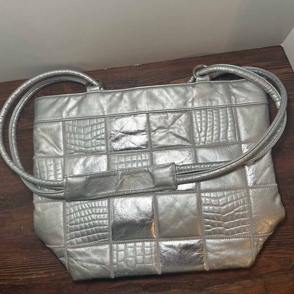 Silver Metallic Patchwork Leather Purse Two Handl… - image 5